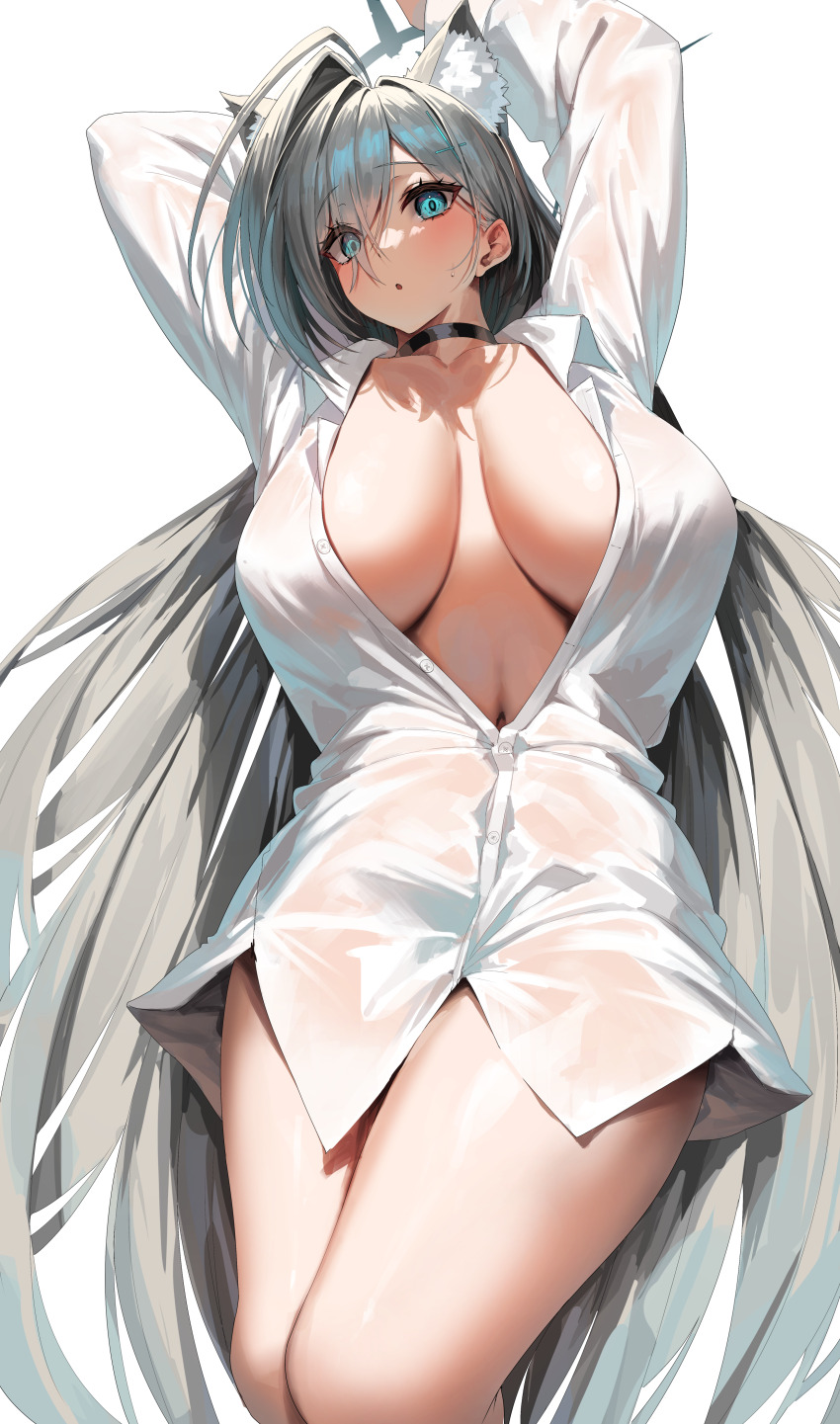 1girl :o absurdres ahoge alternate_costume animal_ear_fluff animal_ears aqua_eyes arms_up black_choker blue_archive blush breasts choker curvy extra_ears feet_out_of_frame grey_hair halo highres huge_ahoge huge_breasts long_hair looking_at_viewer naked_shirt navel see-through_clothes see-through_shirt shiroko_(blue_archive) shiroko_terror_(blue_archive) shirt simple_background solo straight_hair thighs very_long_hair white_background white_shirt wolf_ears yamanokami_eaka