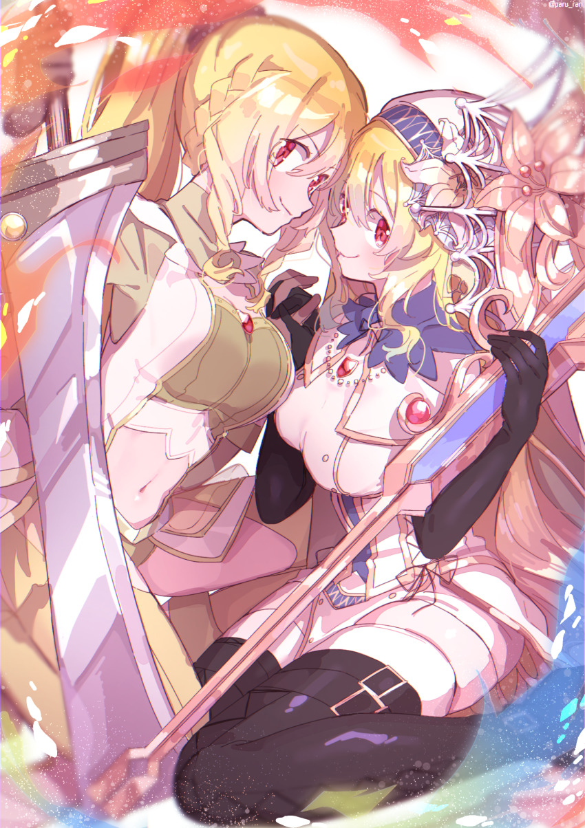 2girls belt belt_boots black_belt black_footwear black_gloves blonde_hair blue_hairband blurry boots braid breasts brown_gloves brown_scrunchie capelet carrying_over_shoulder chain cleavage cleavage_cutout closed_mouth clothing_cutout cross cross-laced_clothes depth_of_field dual_persona elbow_gloves eyes_visible_through_hair face-to-face fire flower gloves gradient_hair green_hair green_legwear habit hair_down hair_flower hair_ornament hairband hand_up high_collar high_ponytail highres holding_hands interlocked_fingers large_breasts latin_cross leather leather_boots lens_flare light_particles lily_(flower) looking_at_viewer looking_to_the_side machete magia_record:_mahou_shoujo_madoka_magica_gaiden mahou_shoujo_madoka_magica multicolored_fire multicolored_hair multiple_girls navel on_one_knee pelvic_curtain ponytail red_eyes scrunchie serizawa_serizane shiny_skin side-by-side sidelocks simple_background sitting skindentation smile soul_gem spider_web_hair_ornament stomach_cutout thigh_boots thigh_cutout thighhighs togame_momoko togame_momoko_(sister_ver.) twitter_username wariza weapon white_background white_capelet white_flower white_legwear yellow_flower zettai_ryouiki