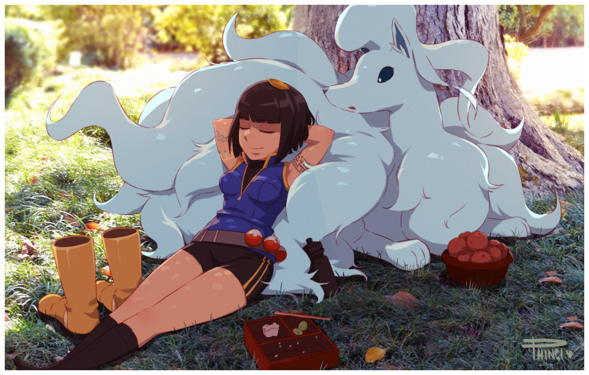 1girl after_meal alternate_color arm_tattoo armpits arms_behind_head artist_name belt bento black_hair black_shorts black_socks black_undershirt blue_shirt blunt_bangs blush bob_cut boots bottle bowl breasts brown_boots chopsticks closed_eyes closed_mouth commentary double_vertical_stripe english_commentary falling_leaves feet_out_of_frame foliage food fruit gen_1_pokemon grass grey_belt highres kate_mikolajczyk_(silverfox442) kneehighs leaf leaf_on_head leaning_back light_smile looking_at_another lying lying_on_animal medium_breasts ninetales nintendo open_mouth original pet_bowl phinci photo_background poke_ball pokemon pokemon_(creature) rice shade shiny_pokemon shirt short_hair short_shorts shorts signature sleeping sleeveless sleeveless_shirt smile socks solo tattoo tree turtleneck under_tree unownglyphics unworn_boots unzipped water_bottle zipper_pull_tab