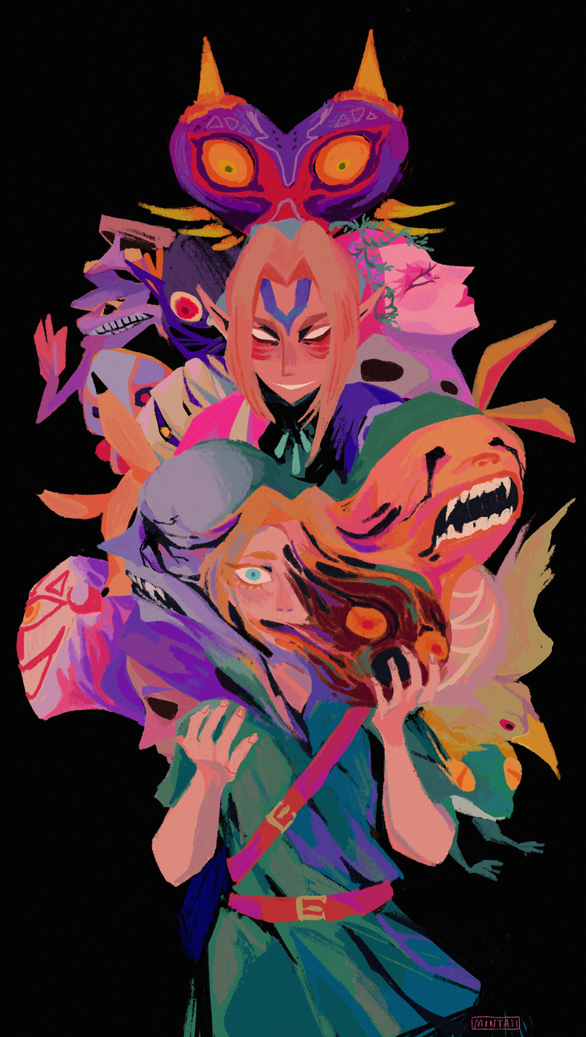 1boy all-night_mask animal_hood arms_up bandages belt belt_buckle black_background black_eyes blast_mask blonde_hair blue_eyes bremen_mask buckle captain&#039;s_hat_(zelda) chest_belt commentary couple&#039;s_mask_(zelda) covered_mouth deku_mask don_gero&#039;s_mask dual_persona english_commentary facial_mark fang fierce_deity gibdo_mask goron goron_mask great_fairy_(zelda) great_fairy_mask green_tunic half_mask highres hood kafei&#039;s_mask keaton_mask link looking_at_viewer looking_to_the_side majora&#039;s_incarnation majora&#039;s_mask_(character) mask mask_of_truth multiple_belts nintendo no_pupils open_mouth parted_bangs pink_lips purple_hair rabbit_hood red_belt red_eyes short_sleeves simple_background spearmintaii stone_mask teeth the_legend_of_zelda the_legend_of_zelda:_majora&#039;s_mask transformation tunic twitter_username white_eyes yellow_eyes young_link zora zora_mask