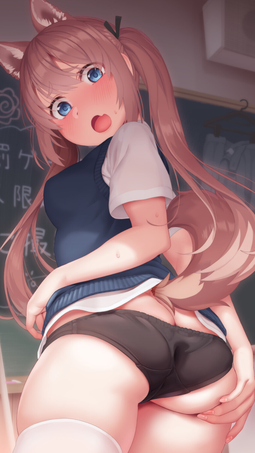 1girl animal_ears ass black_panties blue_eyes blush brown_hair butt_crack chalkboard dog_ears dog_girl extra_ears fang grabbing_own_ass highres long_hair looking_at_viewer no_pants open_mouth original panties shirt skin_fang skirt solo sweater_vest tachimi_(basue) thighhighs twintails underwear unworn_skirt white_shirt white_thighhighs