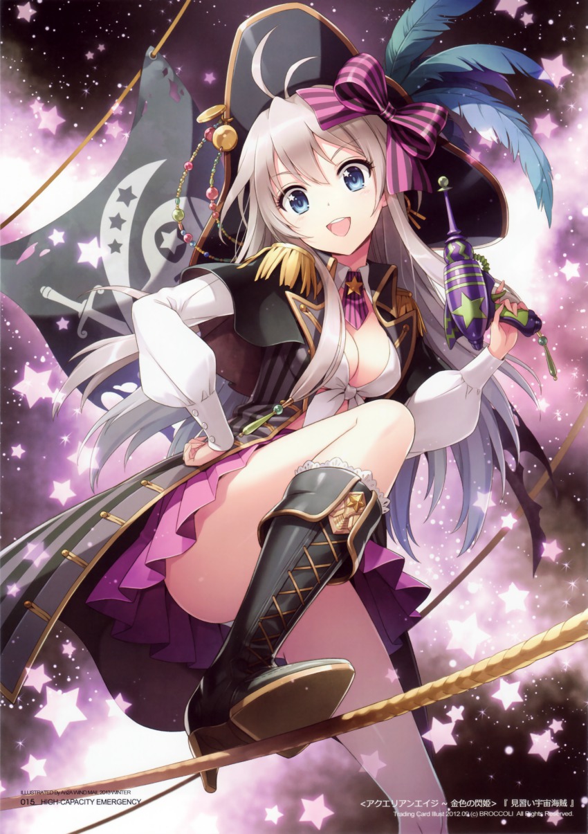 00s 1girl :d absurdres an2a aquarian_age blue_eyes breasts brooch brown_hair cleavage corsair flag gem gun handgun hat_feather highres jacket jewelry jolly_roger leg_up legs long_sleeves looking_at_viewer medium_breasts miniskirt open_clothes open_jacket open_mouth panties pantyshot pirate_costume pistol rope shirt skirt skull_and_crossbones skull_and_crossed_swords smile standing star_(symbol) tied_shirt underwear upskirt weapon white_panties