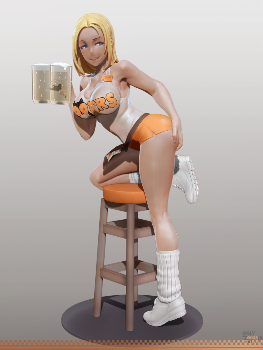 1girl 3d :q alcohol bad_id bad_pixiv_id bar_stool bare_shoulders beer beer_mug blonde_hair blue_eyes borrowed_character breasts butcha-u cup dark-skinned_female dark_skin delightfully_fuckable_and_unrefined!! female_focus full_body gradient_background grey_background hand_on_own_ass highres hooters large_breasts leslyzerosix long_hair looking_at_viewer loose_socks mari_(delightfully_fuckable_and_unrefined!!) mug name_tag orange_shorts original shirt short_shorts shorts simple_background sleeveless sleeveless_shirt smile socks solo stool tongue tongue_out uniform white_footwear white_shirt white_socks