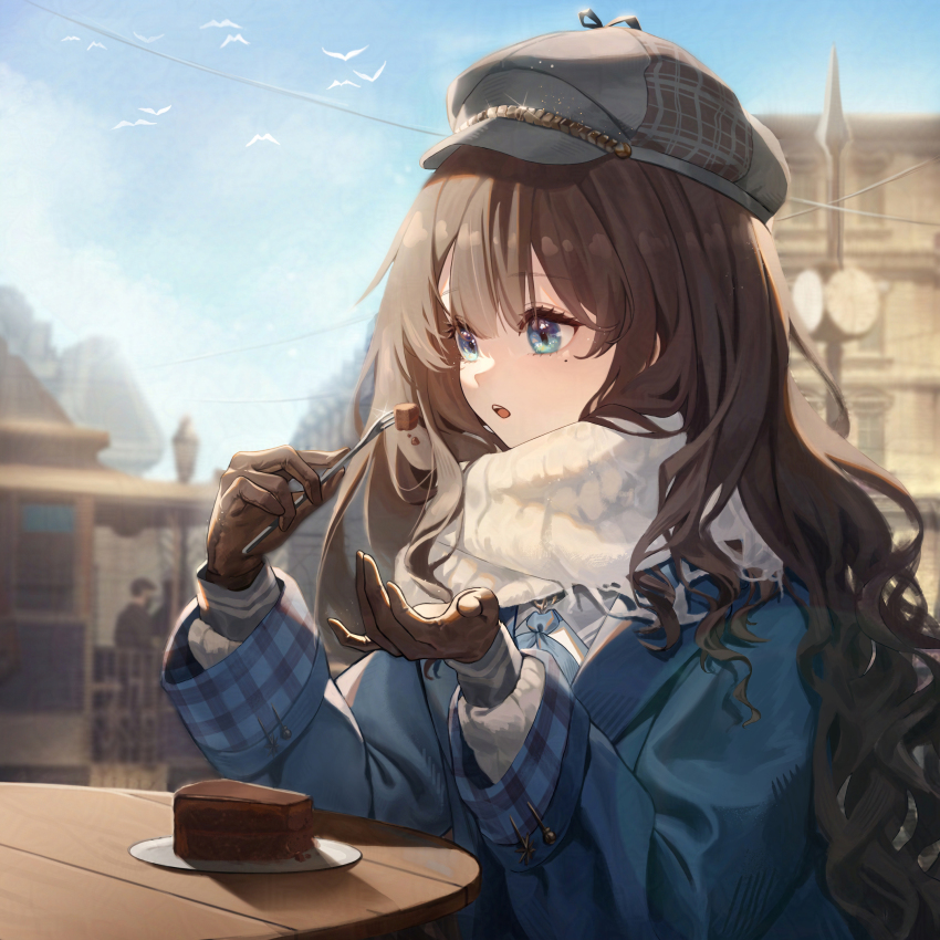 1girl :o absurdres blue_coat blue_eyes blue_neckerchief blue_sky blurry blurry_background brown_gloves brown_hair building cabbie_hat cake cake_slice changi_16 coat day eating food fork gloves grey_hat hands_up hat highres holding holding_fork long_hair looking_at_food marcus_(reverse:1999) mole mole_under_eye neckerchief outdoors people plate reverse:1999 round_table sachertorte_(food) scarf sky solo streetcar table upper_body wavy_hair white_scarf