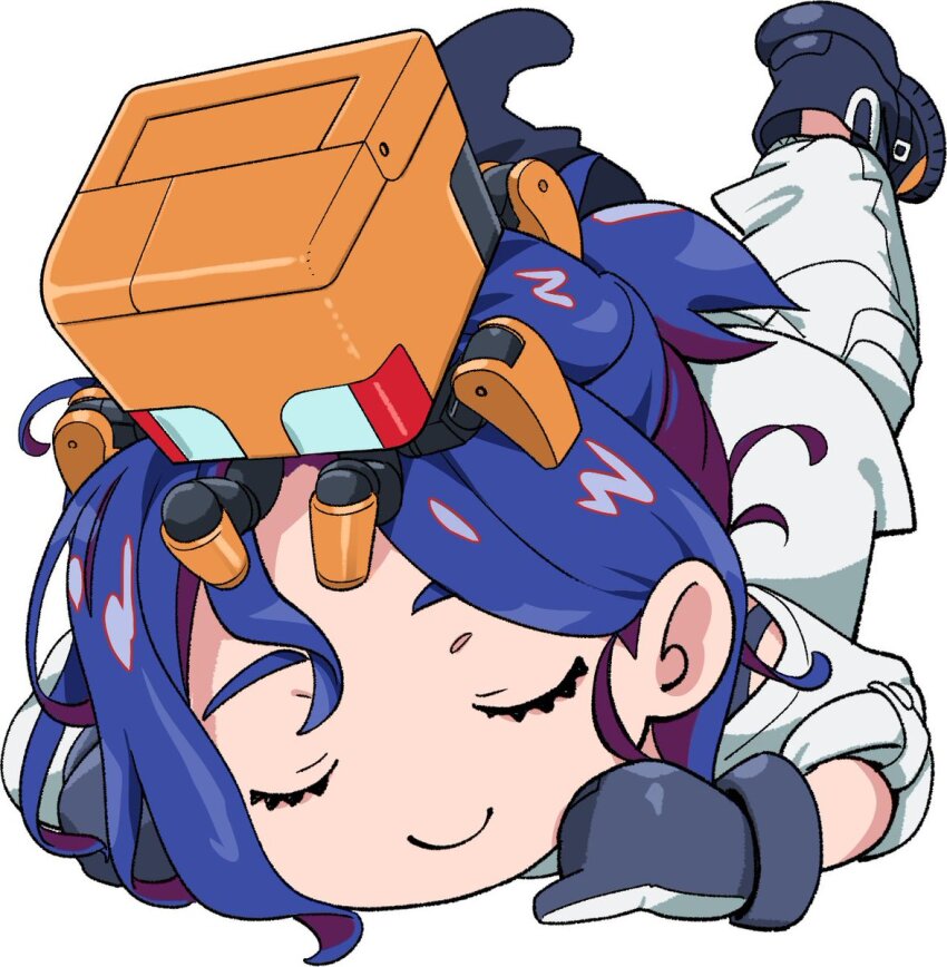 1boy blue_hair chibi chibi_only closed_eyes colored_inner_hair commentary_request gundam gundam_gquuuuuux highres lying male_focus multicolored_hair non-humanoid_robot nyan_co3 on_stomach pants purple_hair robot shirt shoes short_hair shuji_ito simple_background smile solo two-tone_hair white_background