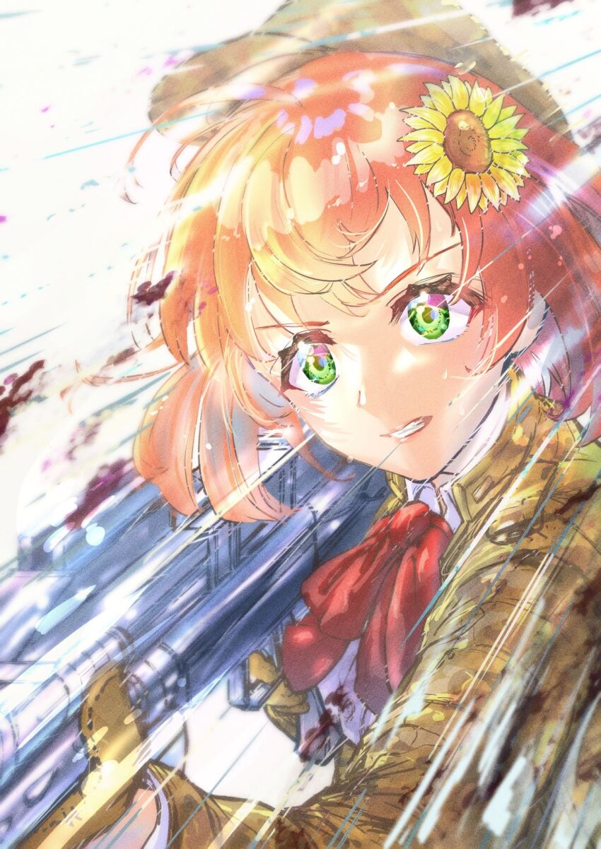 1girl alternate_costume bow bowtie brown_gloves brown_hat brown_jacket clenched_teeth determined ekakinosemito finger_on_trigger flower gloves green_eyes gun hair_flower hair_ornament hashtag-only_commentary hat highres holding holding_gun holding_weapon honma_himawari jacket lips motion_lines nijisanji orange_hair red_bow red_bowtie shirt short_hair solo speed_lines sunflower sunflower_hair_ornament teeth upper_body virtual_youtuber weapon white_background white_shirt