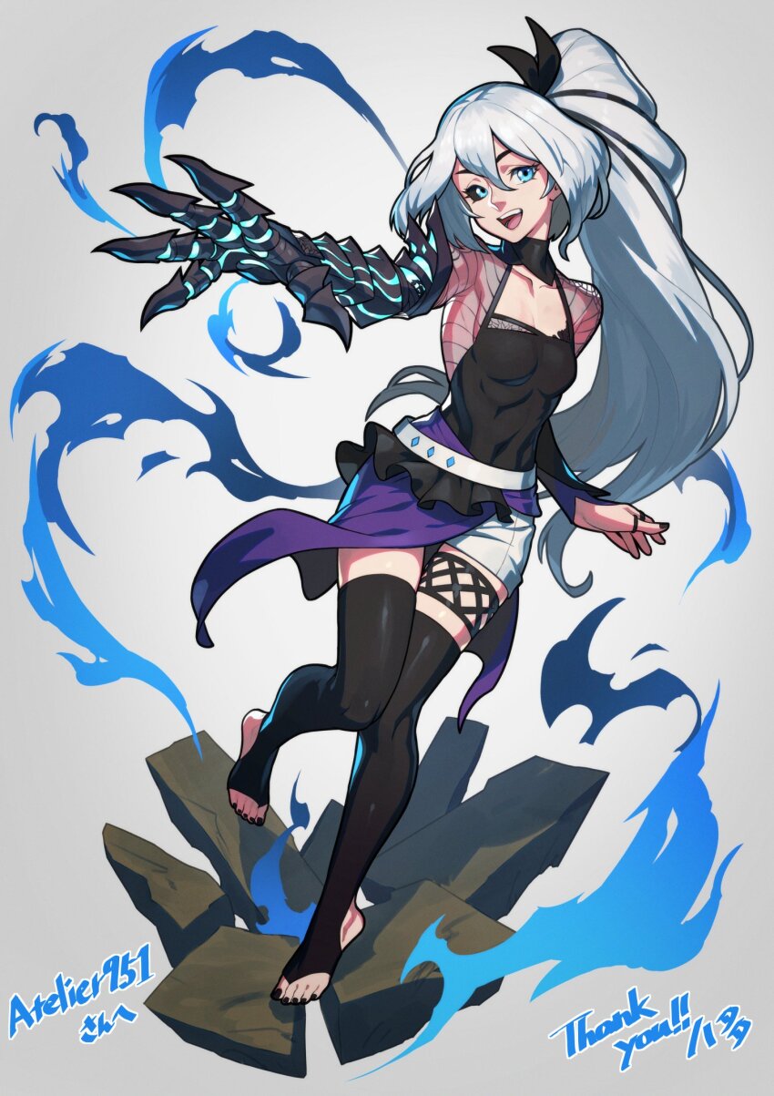 1girl aiming attack black_nails black_ribbon black_sclera black_shirt black_thighhighs blue_eyes broken_ground claws colored_sclera commission commissioner_name demon_girl eris_(atelier951) hair_flowing_over hata4564 heel-less_legwear heterochromia highres incoming_attack magic open_mouth original powering_up ribbon see-through_clothes see-through_shirt shadow shiny_clothes shiny_skin shirt shorts single_fishnet_legwear skipping solo standing standing_on_one_leg teeth thank_you thighhighs toeless_legwear tongue upper_teeth_only white_background white_hair white_shorts