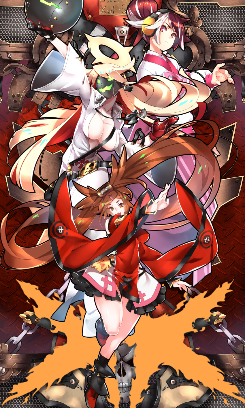 3girls absurdres ankh ball_and_chain_restraint breasts china_dress chinese_clothes cleavage collage spiked_halo detached_sleeves dress flat_chest guilty_gear guilty_gear_xrd hair_bun halo headphones highres jack-o&#039;_valentine korean_clothes kum_haehyun kuradoberi_jam large_breasts long_skirt makai mask multicolored_hair multiple_girls red_eyes red_hair single_hair_bun skirt two-tone_hair white_hair wide_sleeves