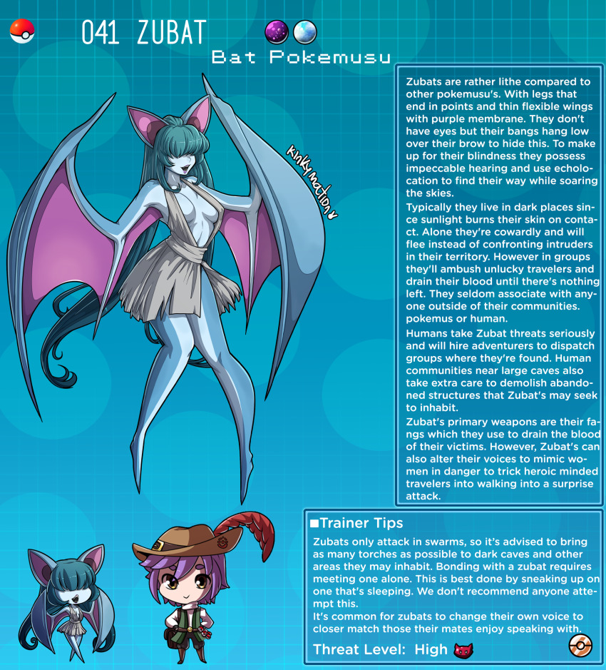 1boy 1girl animal_ears artist_name bat_ears bat_girl bat_wings blue_hair blue_skin breasts character_name character_profile colored_skin covered_eyes english_text gen_1_pokemon hat highres kinkymation long_hair monster_girl nintendo no_feet open_mouth personification poke_ball pokemon profile purple_hair very_long_hair winged_arms wings zubat