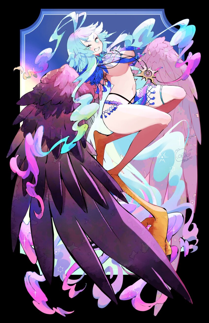 1girl ahoge bird_legs blue_loincloth breasts brown_feathers brown_wings fate/grand_order fate_(series) feather_capelet feathered_wings feathers gradient_hair harpy highres huge_ahoge jewelry large_breasts loincloth long_hair louhi_(fate) louhi_(third_ascension)_(fate) monster_girl multicolored_hair necklace pink_hair sidelocks smile solo talons tooth_necklace tsukumo_kyouko winged_arms wings