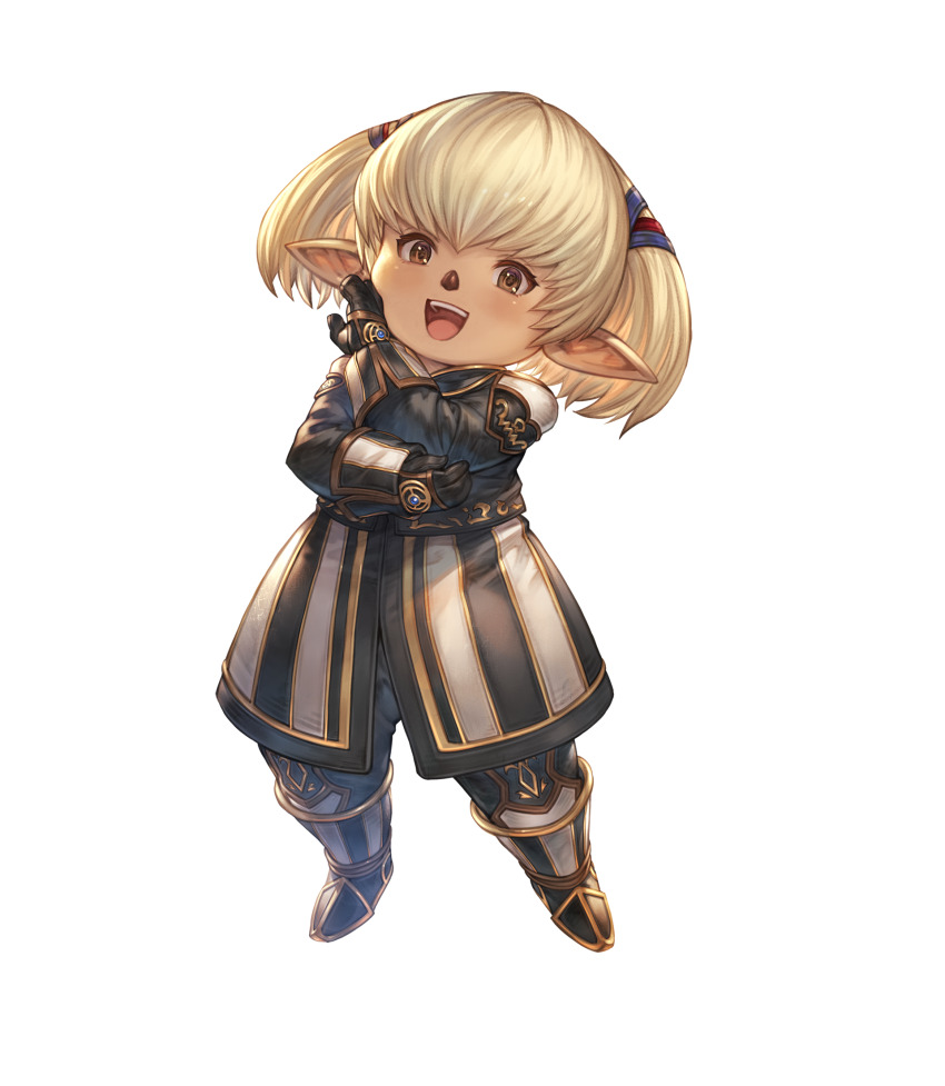 1girl :d artist_request black_gloves blonde_hair brown_eyes final_fantasy final_fantasy_xi full_body gloves granblue_fantasy hand_on_own_elbow highres legs_apart long_sleeves official_art ojou-sama_pose open_mouth pointy_ears second-party_source shantotto short_hair smile solo standing tarutaru teeth transparent_background twintails upper_teeth_only
