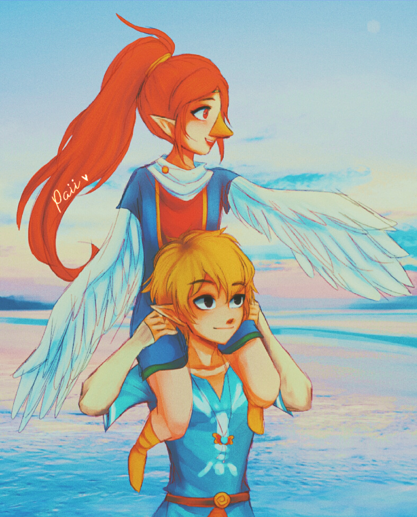 beak black_eyes blonde_hair blouse blue_shirt brown_hair crayfish highres link medli nintendo pointy_ears red_eyes shirt the_legend_of_zelda the_legend_of_zelda:_the_wind_waker winged_arms wings