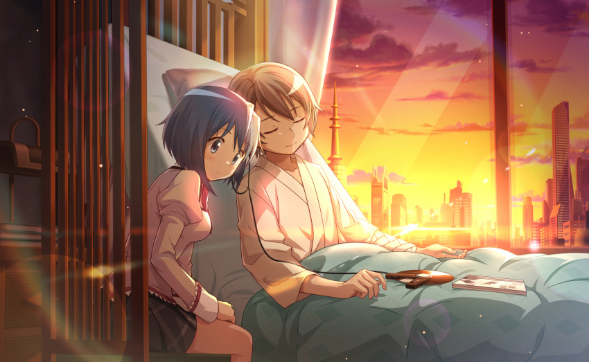 1boy 1girl bed blanket cabinet cd_case cd_player cloud cloudy_sky earphones game_cg highres hospital_bed hospital_gown kamijou_kyousuke lens_flare mahou_shoujo_madoka_magica mahou_shoujo_madoka_magica_magia_exedra miki_sayaka mitakihara_school_uniform official_art on_bed orange_sky pillow school_uniform shared_earphones sitting sky sunset window