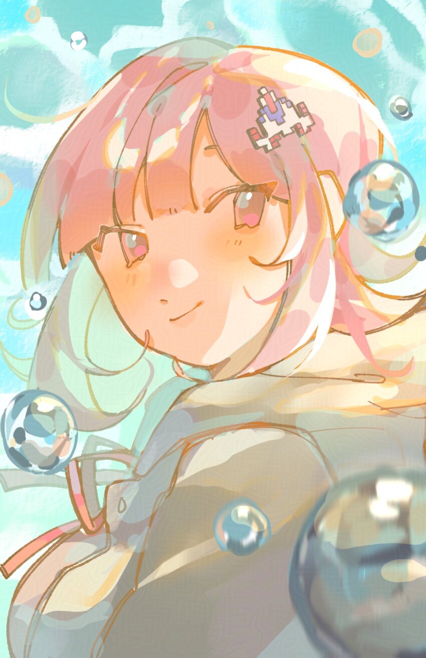 1girl blunt_bangs danganronpa_(series) danganronpa_2:_goodbye_despair flipped_hair galaga hair_ornament highres hood hood_down hoodie looking_back looking_to_the_side myun_(myun_art) nanami_chiaki neck_ribbon pink_eyes pink_hair portrait ribbon short_hair smile solo upper_body water_drop