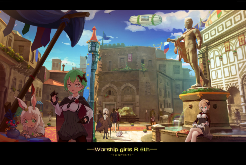 3boys 6+girls aircraft animal animal_on_lap anniversary banner bench blonde_hair blue_sky bob_cut bustier cane cape cat character_request chinese_commentary city cloud commentary_request copyright_name crossed_legs day dirigible europe flags_of_all_nations flower fountain galo_(warship_girls_r) gloves gold_trim green_eyes green_hair half_gloves headpat highres ivy khorosho letterboxed location_request long_hair multiple_boys multiple_girls necktie on_lap outdoors ponytail red_carpet rose sitting sky statue string_of_flags tabby_cat tower vittorio_veneto_(warship_girls_r) warship_girls_r white_hair