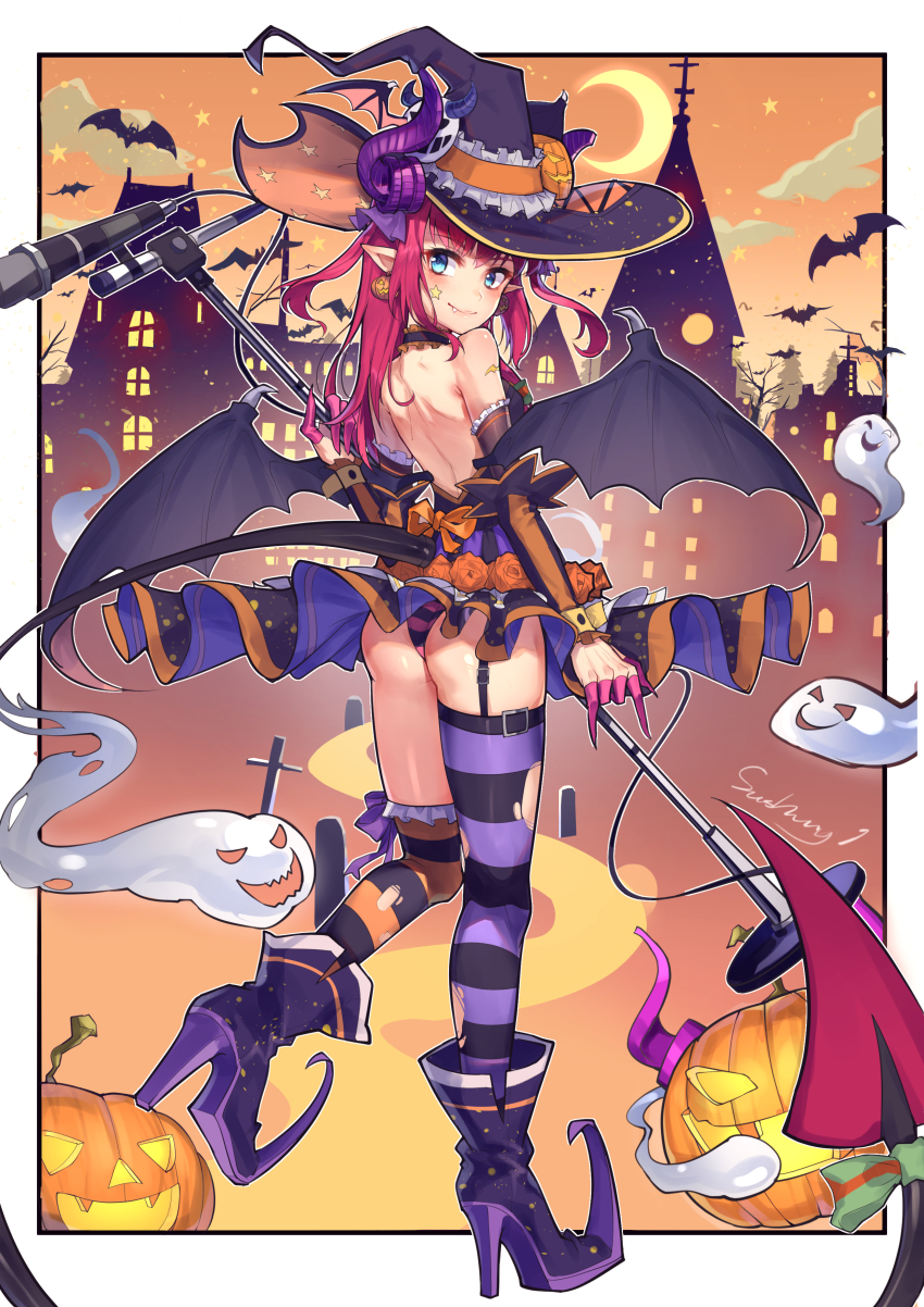 1girl absurdres ass asymmetrical_horns asymmetrical_legwear back backless_dress backless_outfit black_panties blue_eyes boots circle_skirt curled_horns dragon_girl dragon_horns dragon_tail dress earrings elizabeth_bathory_(fate) elizabeth_bathory_(halloween_caster)_(fate) fang fang_out fate/grand_order fate_(series) female_focus garter_straps halloween halloween_costume hat high_heel_boots high_heels highres holding holding_microphone horns horns_through_headwear idol jack-o&#039;-lantern jewelry kaer_sasi_dianxia long_hair microphone microphone_stand mismatched_legwear multicolored_legwear multicolored_panties orange_thighhighs over-kneehighs panties pink_hair pointy_ears purple_panties purple_thighhighs short_dress single_over-kneehigh single_thighhigh smile solo striped_clothes striped_dress striped_panties striped_thighhighs tail thighhighs underwear uneven_horns vertical-striped_clothes vertical-striped_dress wings witch_hat