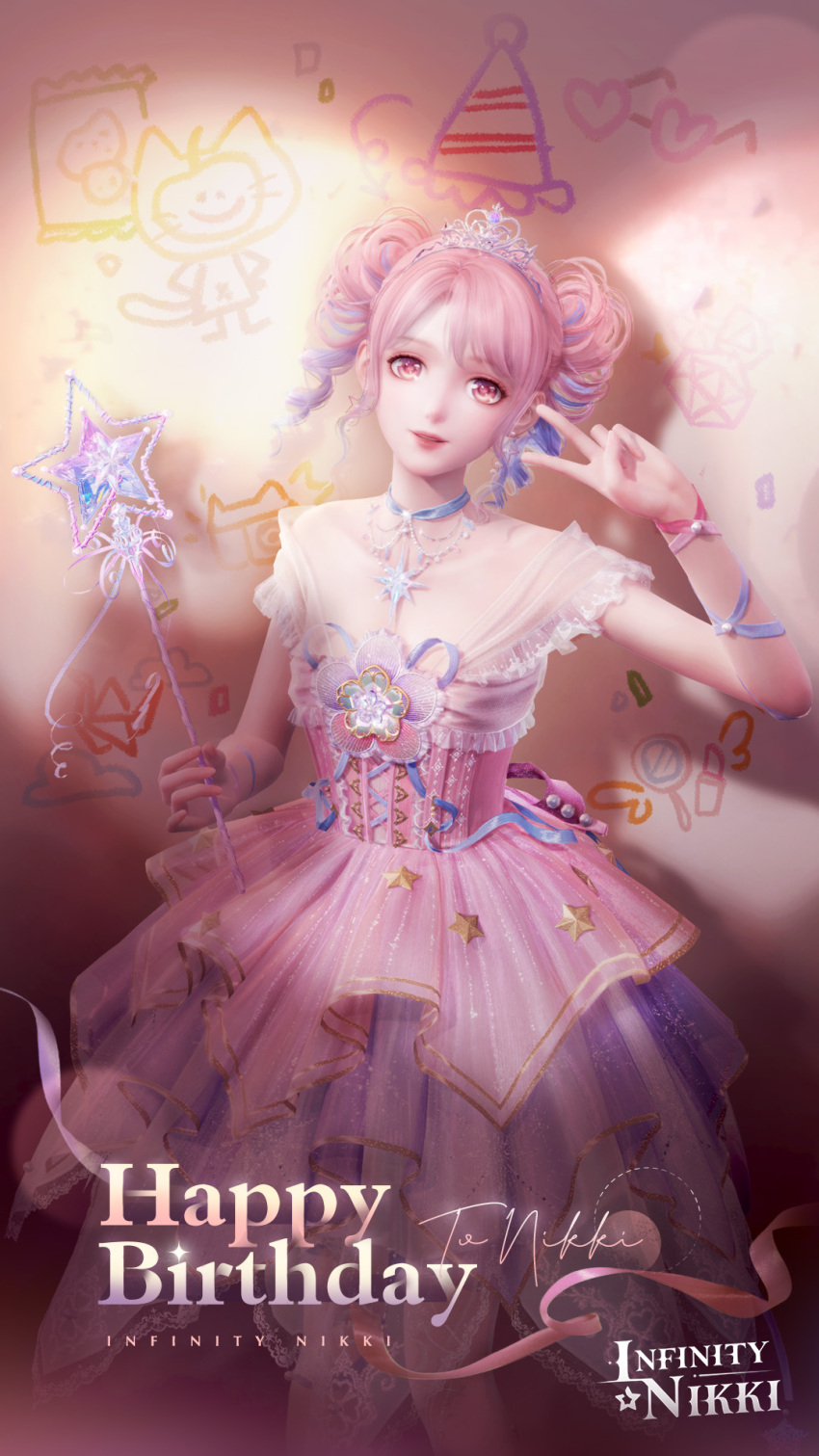 1girl birthday dress holding holding_wand infinity_nikki looking_at_viewer nikki_(series) official_alternate_costume official_alternate_hairstyle official_art peace pink_dress tiara twitter wand