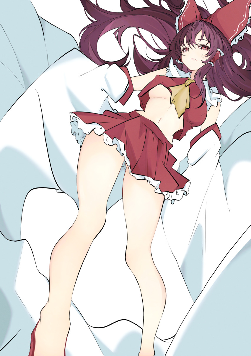 1girl absurdres ascot bare_legs bow breasts brown_hair commentary_request contrast_collar cropped_shirt detached_sleeves frilled_bow frilled_hair_tubes frilled_sailor_collar frills gluteal_fold hair_bow hair_tubes hakurei_reimu highres linea_alba long_hair looking_at_viewer medium_breasts miniskirt navel partial_commentary pleated_skirt red_eyes red_shirt red_skirt sailor_collar shirt simple_background skirt sleeveless sleeveless_shirt solo touhou unanooo_(fthx7532) underboob very_long_hair white_background white_sailor_collar yellow_ascot