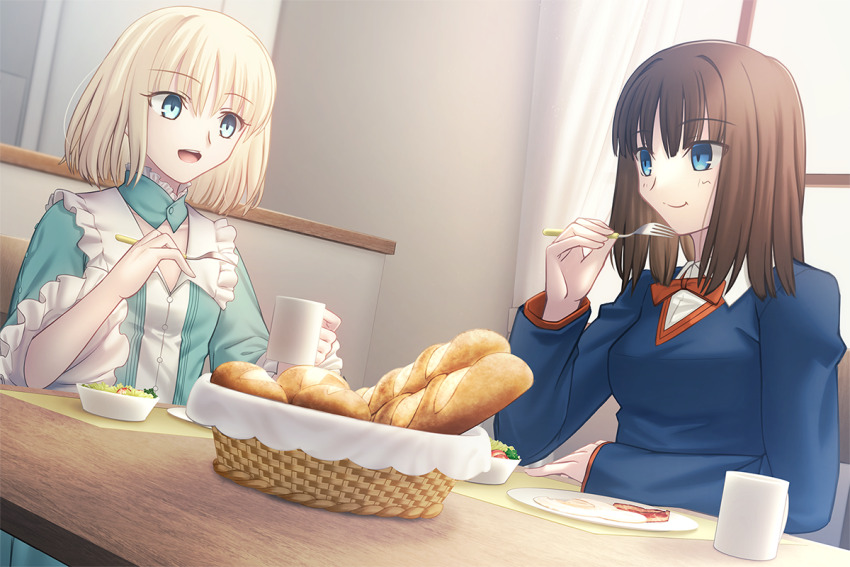 2girls aqua_dress baguette basket blonde_hair blue_eyes blue_sweater blush bread breasts brown_hair detached_collar dress eating fate/prototype fate_(series) food fork long_sleeves medium_breasts multiple_girls open_mouth plate sajou_ayaka_(fate/prototype) sajou_manaka shoori_(migiha) short_hair siblings sisters small_breasts smile sweater
