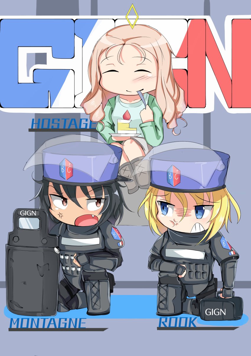 10s ^_^ absurdres anger_vein angry armor ballistic_shield bc_freedom_(emblem) black_footwear black_hair black_hat black_jacket black_pants blonde_hair blue_eyes body_armor boots brown_eyes brown_footwear brown_skirt cake casual character_name chest_plate chibi closed_eyes closed_mouth commentary_request dark_skin drill_hair eating emblem english_text faceplate fang food french_flag frown gauntlets gign girls_und_panzer glaring green_shirt grimace hat helmet highres holding jacket kshimu letter long_hair long_sleeves looking_at_another messy_hair montagne_(rainbow_six_siege) on_one_knee open_mouth pants pauldrons plate raglan_sleeves rainbow_six_siege riot_shield rook_(rainbow_six_siege) shield shirt shoulder_armor sitting skirt smile tactical_clothes utensil_in_mouth
