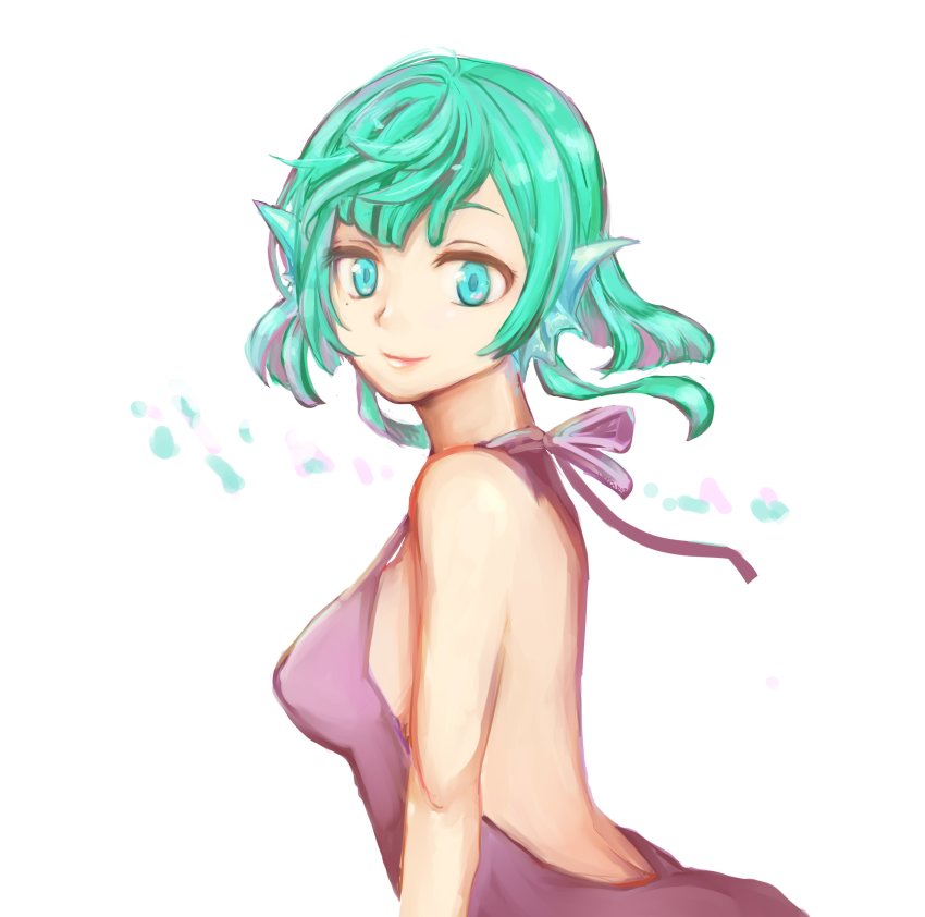 1girl absurdres aqua_eyes aqua_hair back backless_dress backless_outfit bare_back clarice_amber dress fins from_behind head_fins highres looking_at_viewer looking_back pop-up_story short_hair simple_background siren_(mythology) smile solo vetica white_background