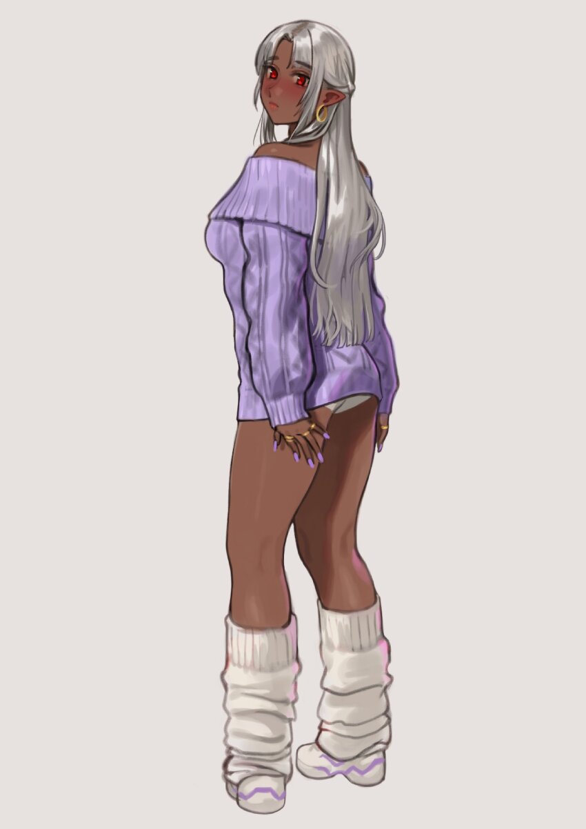 1girl bare_shoulders blush dark-skinned_female dark_elf dark_skin earrings elf from_behind full_body grey_background grey_hair highres hoop_earrings jewelry kneehighs kneepits long_hair looking_at_viewer looking_back loose_socks nail_polish no_pants off-shoulder_sweater off_shoulder original panties panty_peek pointy_ears purple_nails purple_sweater red_eyes ring shoes simple_background socks solo standing sunna_(nilsunna) sweater underwear white_panties white_shoes white_socks