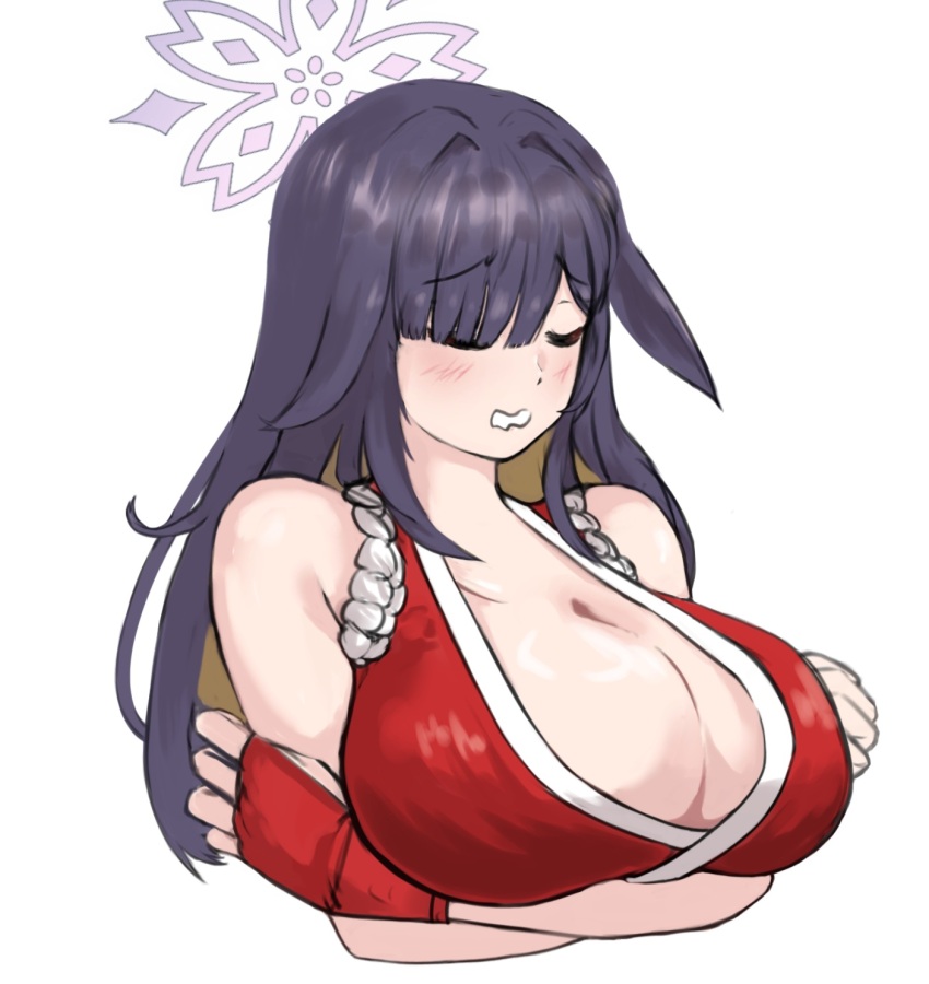 1girl almonduman animal_ears arms_under_breasts blonde_hair blue_archive blush breasts cleavage closed_eyes colored_inner_hair cosplay crossed_arms fingerless_gloves floppy_ears gloves halo highres huge_breasts japanese_clothes kimono large_breasts long_hair multicolored_hair purple_hair rabbit_ears red_gloves shiranui_mai shiranui_mai_(cosplay) sleeveless solo tasuki tsukuyo_(blue_archive) wavy_mouth white_background