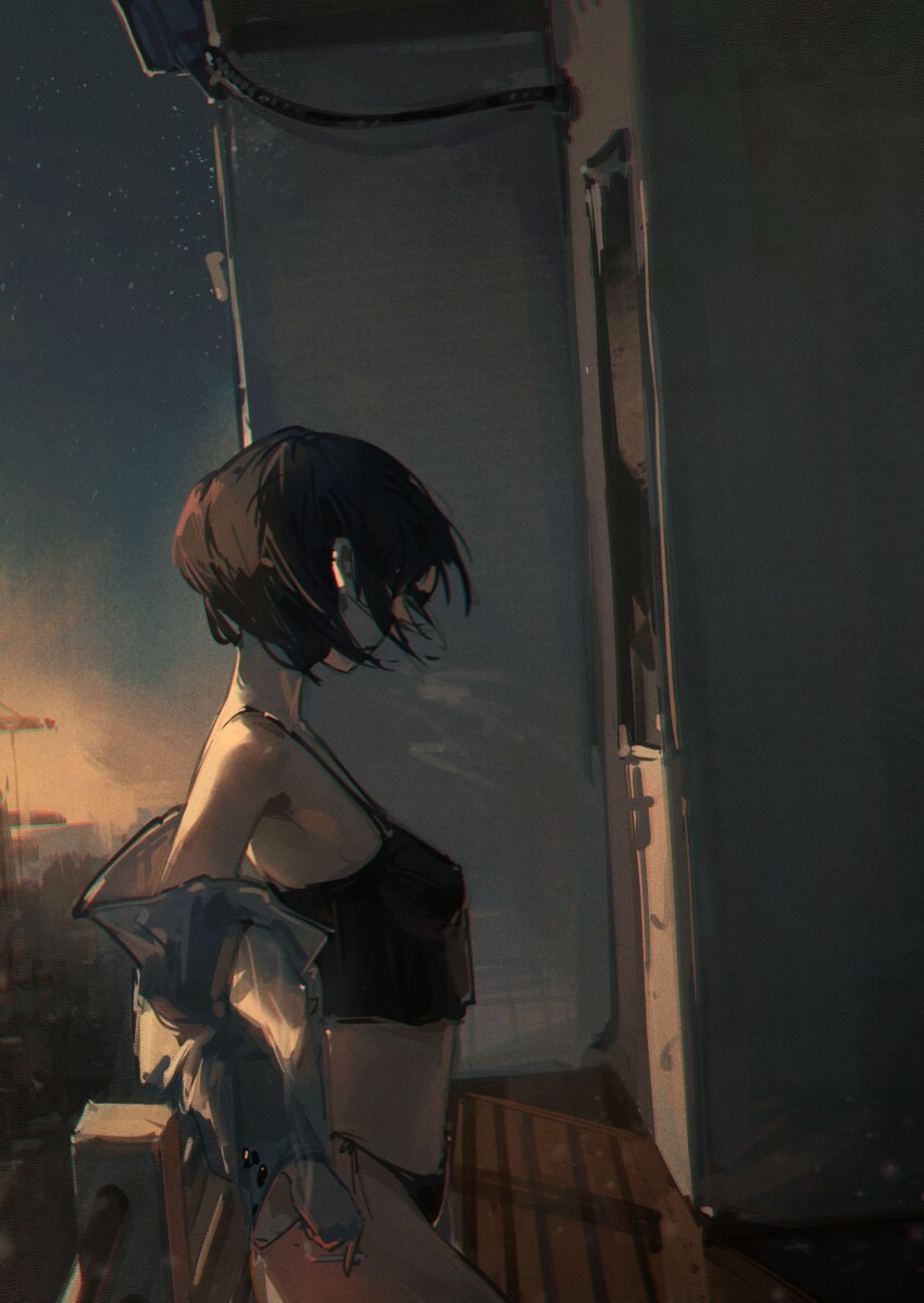 1girl absurdres balcony black_camisole black_hair black_panties building camisole chainsaw_man cigarette dudrinm evening highres himeno_(chainsaw_man) holding holding_cigarette outdoors panties short_hair side-tie_panties smoke solo underwear