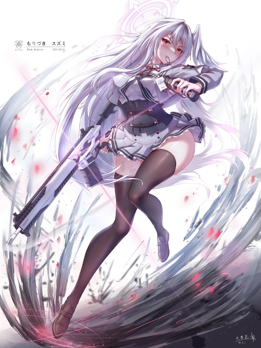 1girl absurdres aperture blue_archive commentary cropped_jacket dust flashbang full_body gun halo head_wings highres holding holding_gun holding_weapon light_particles light_rays long_hair long_sleeves mary_janes midair miniskirt rifle school_uniform shoes sig_mcx simple_background single_head_wing skirt solo suzumi_(blue_archive) thighhighs thighs trigger_discipline trinity_general_school_logo very_long_hair weapon white_background white_hair wings