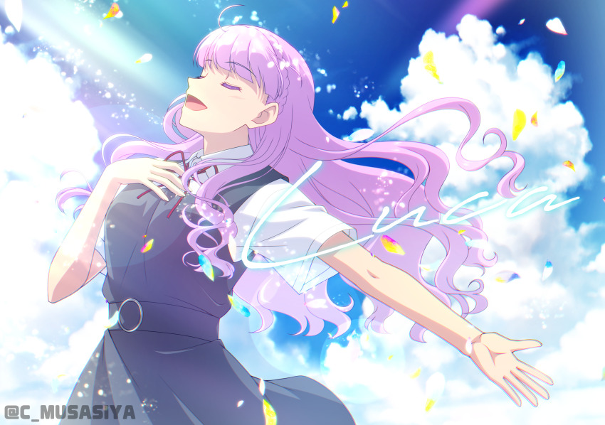 1girl artist_name blue_sky blunt_bangs braid cloud commentary_request dress grey_dress hand_on_own_chest highres light_particles long_hair love_live! love_live!_superstar!! musashiya_chougenbou neck_ribbon open_mouth outstretched_arm petals purple_hair red_ribbon ribbon school_uniform shirt sky smile solo sunlight twitter_username white_shirt wien_margarete yuigaoka_school_uniform