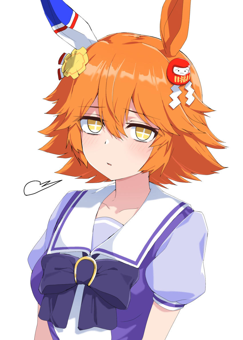 +_+ 1girl absurdres blush breasts closed_mouth collarbone exhausted hair_between_eyes hair_ornament highres matikanefukukitaru_(umamusume) medium_breasts medium_hair nerukichikatafukuma orange_eyes orange_hair portrait ribbon school_uniform solo tracen_school_uniform umamusume white_background