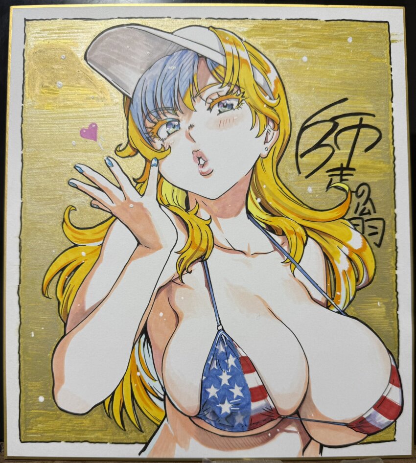 1girl american_flag american_flag_print bikini blonde_hair blue_eyes blue_nails blush blushing_female breasts cleavage colorized earrings flag_print gold_background hat head_tilt heart highres jewelry kiss large_breasts long_hair looking_at_viewer nudist_beach_ni_shuugakuryokou_de!! open_mouth shikishi shiwasu_no_okina sign signature solo sun_hat suomi-sensei swimsuit tagme tilted_head traditional_media visible_ears wavy_hair yellow_background