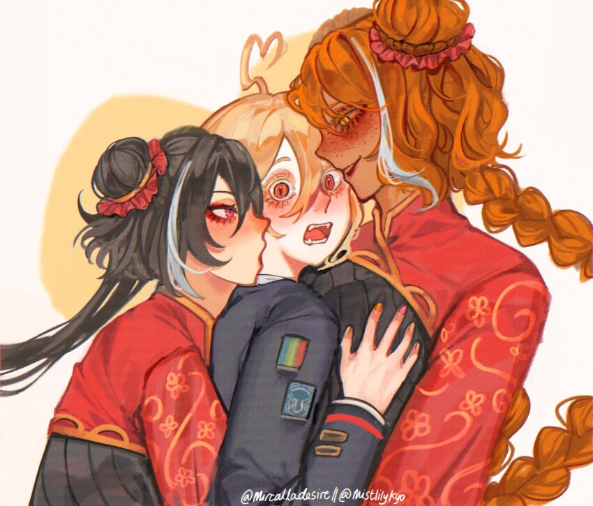 3girls black_coat black_dress black_hair blonde_hair blush braid coat don_quixote_(project_moon) double_bun dress eyeshadow family_hierarch_candidate_(identity)_(project_moon) freckles hair_bun highres ishmael_(project_moon) jia_xichun_(project_moon) kiss kissing_neck kiyo_(mistlilykyo) limbus_company long_hair long_sleeves looking_at_viewer makeup multicolored_hair multiple_girls open_mouth orange_hair pink_eyes project_moon red_eyes red_eyeshadow red_shrug short_hair simple_background streaked_hair surprised tails_(bug_ch3ss) twin_braids twintails upper_body very_long_hair white_background white_hair yellow_eyes yuri