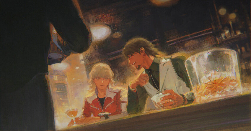 3boys absurdres arm_on_table bar_(place) barnaby_brooks_jr. bartender bead_bracelet beads black_shirt blonde_hair bracelet cocktail_glass collared_shirt creamyghost cup drinking_glass facial_hair goatee green_shirt highres ice ice_cube indoors jacket jewelry kaburagi_t._kotetsu long_sleeves looking_at_another male_focus multiple_boys open_mouth red_jacket ring shirt tiger_&amp;_bunny vest white_vest