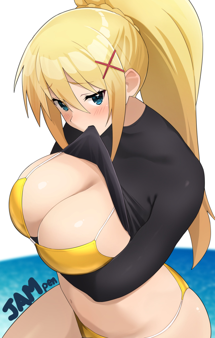1girl arm_under_breasts artist_name bikini black_shirt blonde_hair blue_eyes breasts cleavage clothes_lift darkness_(konosuba) high_ponytail highres jampen kono_subarashii_sekai_ni_shukufuku_wo! large_breasts ponytail shirt shirt_lift solo swimsuit yellow_bikini