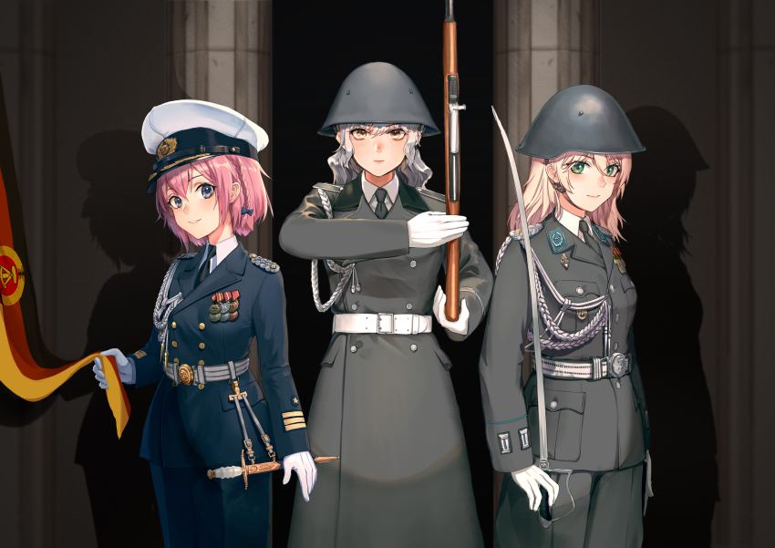 3girls absurdres aiguillette blonde_hair coat combat_helmet east_german_flag east_germany epaulettes g3_(girls&#039;_frontline) girls&#039;_frontline gloves gun hat helmet highres jacket medal military_coat military_dress_uniform military_jacket military_uniform multiple_girls nationale_volksarmee parade_rest peaked_cap pink_hair pps-43_(girls&#039;_frontline) rifle saber_(weapon) silhouette sks sword tuziki_sang wavy_hair weapon white_gloves white_hair xm8_(girls&#039;_frontline)