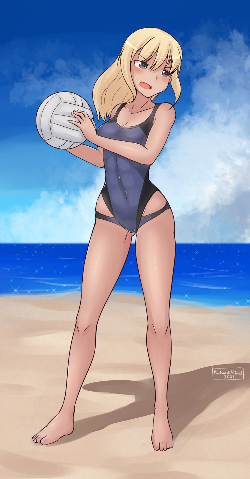 1girl 2020 abs absurdres artist_name beach_volleyball black_eyes blonde_hair blue_sky bookmarkahead cloud covered_navel dated gluteal_fold groin_tendon highres horizon marian_e._carl navel noble_witches ocean one-piece_swimsuit sand shadow sky solo swimsuit world_witches_series