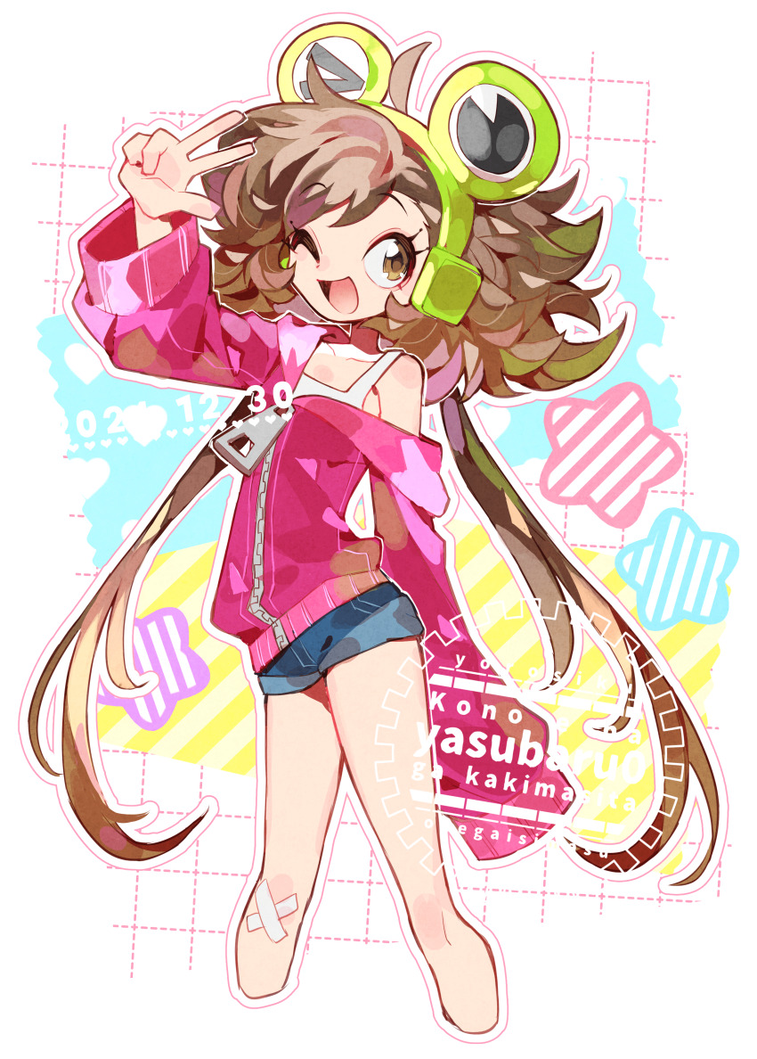 1girl ;d absurdres ahoge arm_at_side arm_up blue_shorts borrowed_character brown_eyes brown_hair coat commission cropped_legs denim denim_shorts feet_out_of_frame flat_chest flipped_hair frog_hair_ornament green_hairband hair_ornament hairband happy highres long_eyelashes long_sleeves looking_to_the_side one_eye_closed open_mouth original outline pink_coat raised_eyebrows second-party_source short_shorts shorts sideways_glance single_bare_shoulder single_off_shoulder single_sleeve_past_fingers skeb_commission smile solo standing tank_top twintails v w watermark white_outline white_tank_top yasubaru zipper zipper_pull_tab