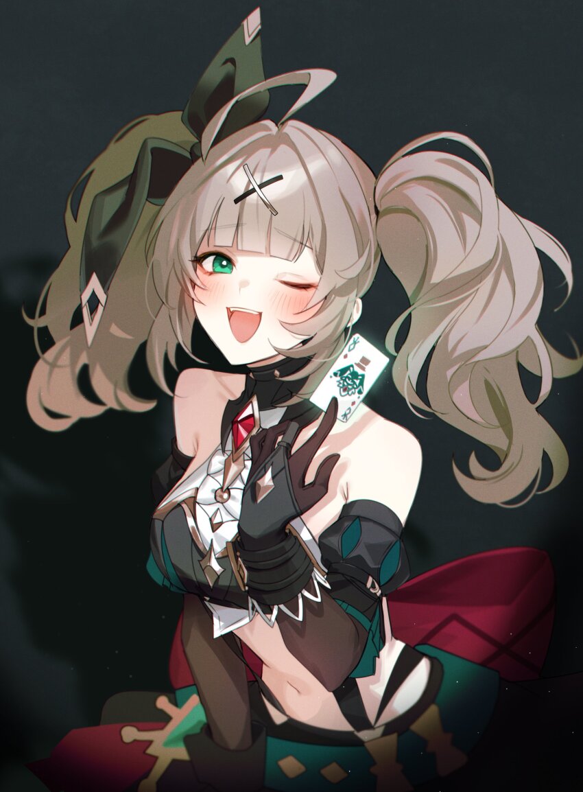 1girl absurdres ahoge bare_shoulders black_background black_gloves black_ribbon blush bridal_gauntlets card commentary_request cynical_sneer_(elsword) detached_sleeves elsword gloves green_eyes grey_hair hair_ornament hair_ribbon highres holding holding_card lithia_beryl_(elsword) long_hair looking_at_viewer midriff n.e.k.o n.e.k.o_(the_four_seasons_of_farewells) navel one_eye_closed open_mouth ribbon sasa_(sa1008va) shadow simple_background smile solo stomach teeth twintails upper_teeth_only ushio x_hair_ornament yoichi_yukimura