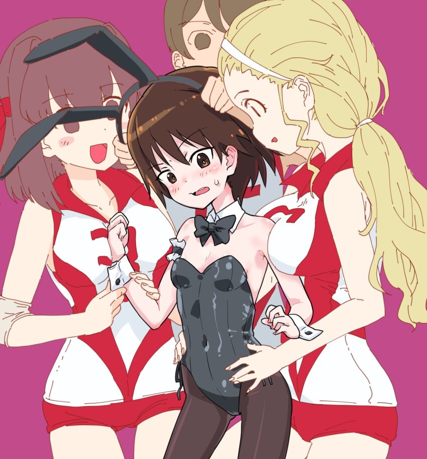 4girls animal_ears black_bow black_bowtie black_leotard black_pantyhose blonde_hair blush bow bowtie breasts brown_eyes brown_hair buruma covered_navel fake_animal_ears girls_und_panzer highres isobe_noriko kawanishi_shinobu kondou_taeko large_breasts leotard long_hair looking_at_another monolith_(suibou_souko) multiple_girls open_mouth pantyhose pink_background playboy_bunny ponytail rabbit_ears red_buruma sasaki_akebi short_hair simple_background small_breasts smile sportswear sweat volleyball_uniform wrist_cuffs yuri