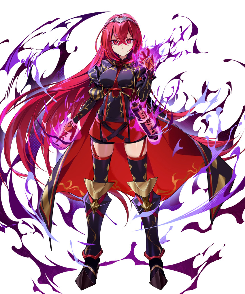 1girl aura black_cape braid breasts cape crown_braid dark_aura female_alear_(fell_dragon)_(fire_emblem) female_alear_(fire_emblem) female_alear_(red_days_past)_(fire_emblem) fire_emblem fire_emblem_engage fire_emblem_heroes gloves highres medium_breasts nintendo non-web_source red_cape red_eyes red_gloves red_hair solo thighhighs tiara two-sided_cape two-sided_fabric
