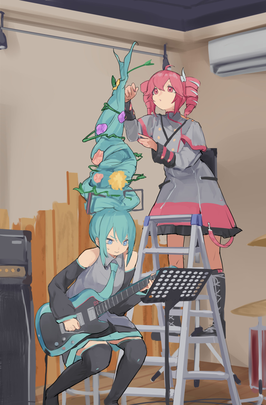 2girls :o absurdly_long_hair ahoge alternate_hairstyle bare_shoulders belt black_belt black_boots black_skirt black_sleeve_cuffs black_sleeves black_thighhighs blue_necktie boots bow buttons collared_shirt commentary detached_sleeves double-breasted electric_guitar esp_stream-miku-custom feet_out_of_frame flat_chest flower full_body grey_jacket grey_shirt grey_skirt guitar hair_bow hair_flower hair_ornament hair_ribbon hatsune_miku highres indoors instrument jacket kasane_teto kasane_teto_(sv) kneehighs lace-up_boots ladder layered_skirt layered_sleeves legs_folded long_hair long_sleeves looking_at_object miniskirt multiple_girls music necktie on_ladder paper playing_guitar playing_instrument pocche-ex red_skirt red_socks red_trim ribbon shirt shoulder_belt shoulder_boards skirt socks standing sweatdrop synthesizer_v thighhighs utau very_long_hair vocaloid white_ribbon wing_collar