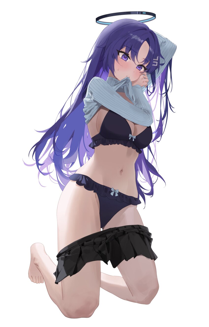 1girl absurdres alternate_costume barefoot bikini black_skirt blue_archive blue_bikini breasts clothes_in_mouth clothes_lift clothes_pull feet grey_sweater halo hido88 highres kneeling large_breasts long_hair mechanical_halo navel purple_eyes purple_hair simple_background skirt skirt_pull solo stomach sweater sweater_lift swimsuit toes turtleneck turtleneck_sweater undressing white_background yuuka_(blue_archive)