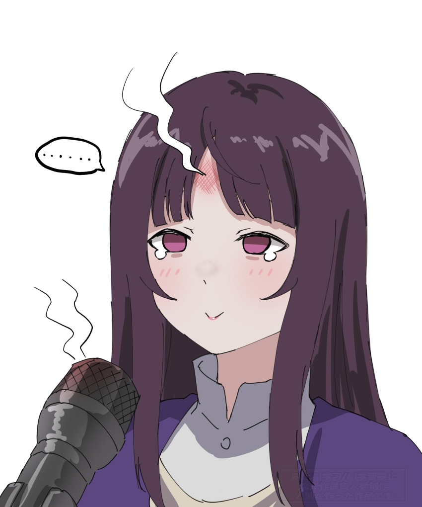 ... 1girl absurdres blush closed_mouth commentary english_commentary highres long_hair microphone multicolored_hair mutsuki_(mutsuki0110) portrait purple_eyes purple_hair roots_(hair) simple_background solo spoken_ellipsis takanashi_kim_anouk_mei tearing_up white_background yoru_no_kurage_wa_oyogenai