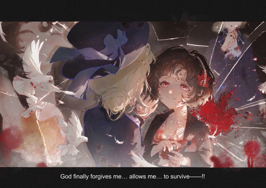 2girls absurdres at_gunpoint bird black_hair black_headwear black_jacket bow broken_glass closed_mouth crying crying_with_eyes_open curly_hair english_text facing_away feather_hair_ornament feathers furrowed_brow glass grey_hair gun hair_bun hair_ornament handgun hat hat_bow highres holding holding_gun holding_weapon jacket looking_at_another mangxia_xiang_chi_mangguo multiple_girls multiple_views red_eyes reverse:1999 schneider_(reverse:1999) short_hair single_side_bun smile streaming_tears subtitled tears upper_body vertin_(reverse:1999) weapon white_bird dove