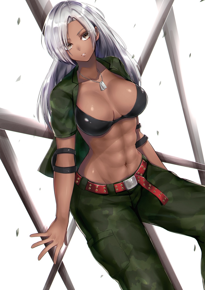 1girl abs absurdres against_fence belt bikini bikini_top_only black_bikini breasts brown_eyes cleavage commentary_request dark-skinned_female dark_skin day dog_tags elbow_pads fence forehead green_pants green_shirt highres long_hair looking_at_viewer miha-g military military_uniform muscular muscular_female navel open_clothes open_shirt pants red_belt sega shirt silver_hair simple_background solo standing studded_belt swimsuit toned toned_female vanessa_lewis very_dark_skin virtua_fighter virtua_fighter_5 virtua_fighter_5:_final_showdown yakan_(mihag3000)