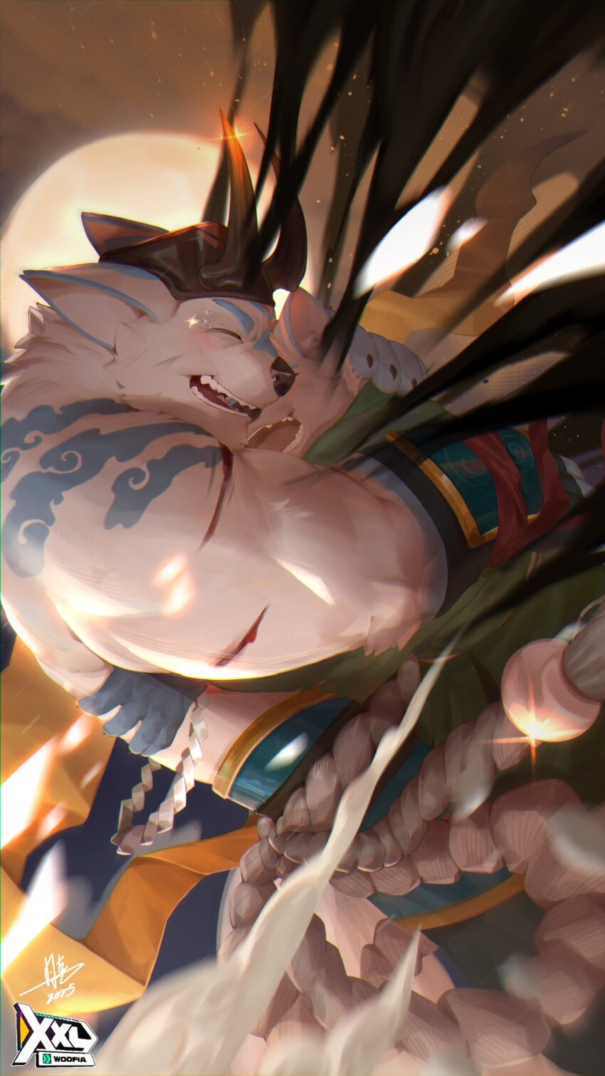 1boy animal_ears blood chinese_commentary claws closed_mouth commentary_request copyright_logo dated diffraction_spikes fake_horns furry furry_male highres horned_headwear horns hug injury jmeo1230 kumoyama_(xxl) male_focus muscular muscular_male open_mouth signature smile tears topless_male wolf_boy wolf_ears xxl_woofia