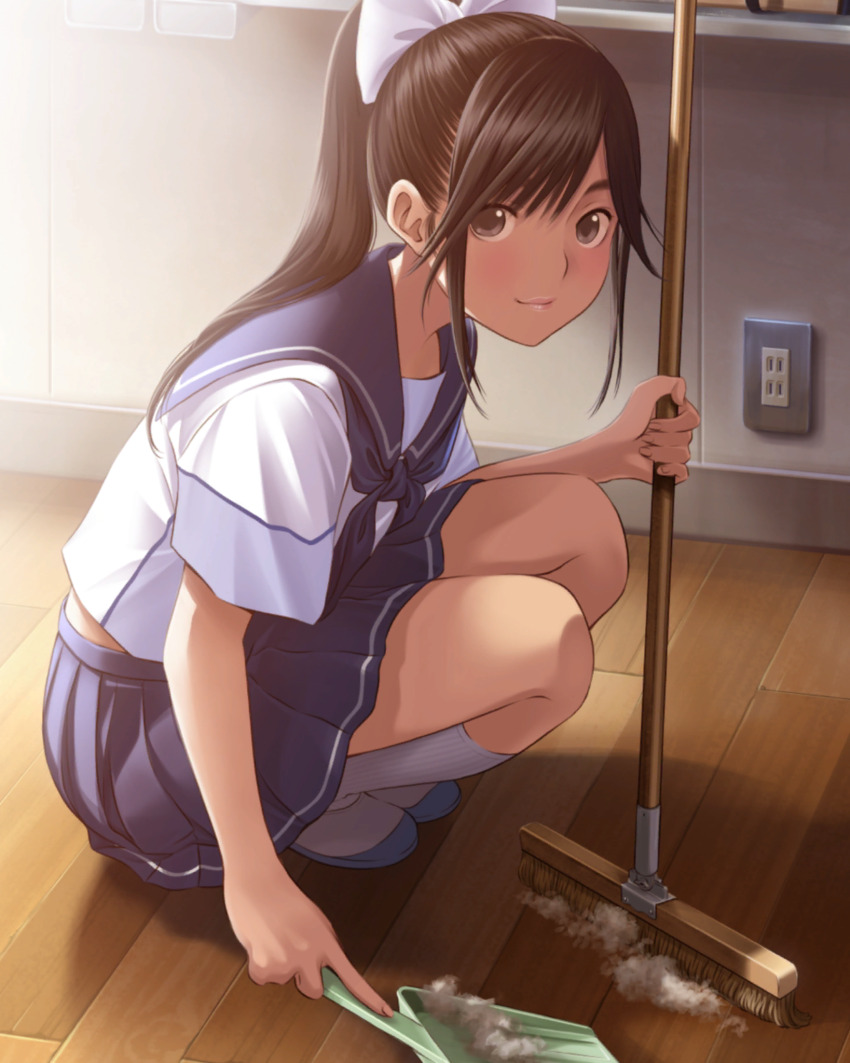 1girl backlighting black_hair blue_neckerchief blue_sailor_collar blue_skirt board_eraser broom brown_eyes chalkboard classroom cleaning closed_mouth dust dustpan electrical_outlet evening full_body hair_ribbon hair_tie highres holding holding_broom holding_dustpan indoors looking_at_viewer love_plus neckerchief official_art pink_lips pleated_skirt ponytail ribbon sailor_collar school school_uniform serafuku shoes short_sleeves sidelocks skirt socks solo squatting sunlight takane_manaka uwabaki white_ribbon white_shoes white_socks wooden_floor