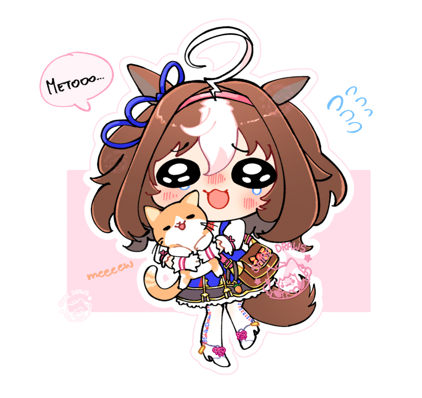 1girl ahoge animal animal_ears bag blue_dress blush bow breasts brown_hair carrot cat chibi commentary double-parted_bangs dress ear_ribbon gloves hair_between_eyes hairband highres holding holding_animal holding_cat horse_ears horse_girl horse_tail long_sleeves looking_at_viewer medium_hair meisho_doto_(turbulent_blue)_(umamusume) meisho_doto_(umamusume) meto_(cat) multicolored_hair open_mouth pantyhose pink_hairband shibedraws shoes short_hair shoulder_bag speech_bubble tail tearing_up two-tone_hair umamusume white_dress white_gloves white_hair white_pantyhose