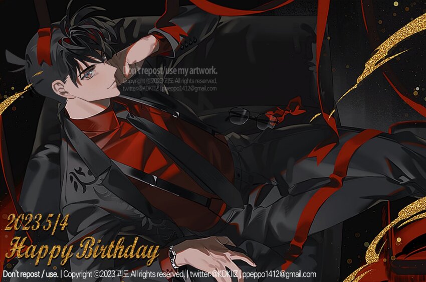 1boy black_hair black_jacket black_necktie black_pants black_suit blazer bow bowtie closed_mouth collared_shirt formal_clothes happy_birthday head_rest jacket kidkuroba4869 kudou_shin&#039;ichi long_sleeves looking_at_viewer male_focus meitantei_conan necktie pants red_bow red_bowtie red_ribbon red_shirt ribbon shirt short_hair sitting solo suit suspenders unworn_bowtie unworn_eyewear watermark
